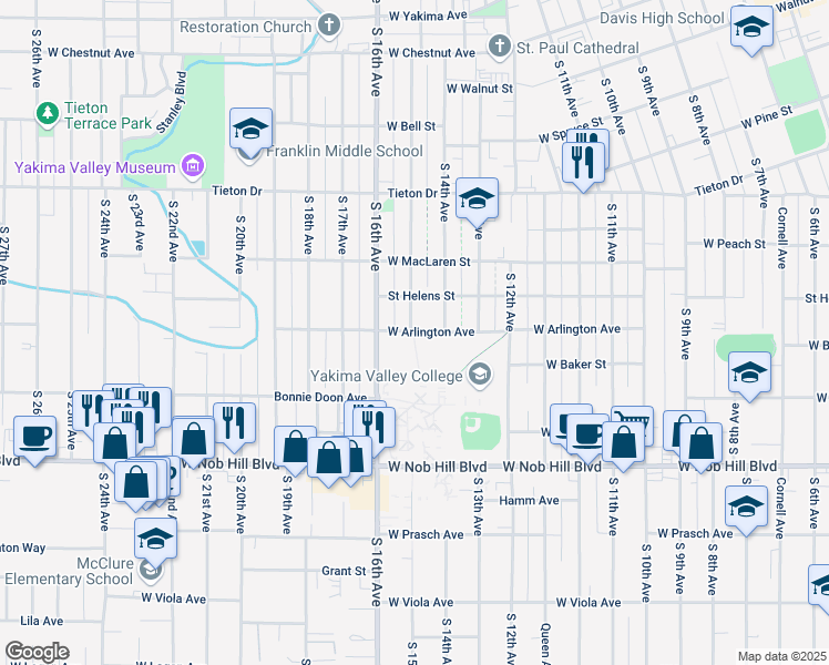 map of restaurants, bars, coffee shops, grocery stores, and more near 811 South 16th Avenue in Yakima