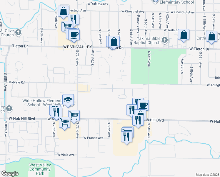 map of restaurants, bars, coffee shops, grocery stores, and more near 6804 Bristol Way in Yakima