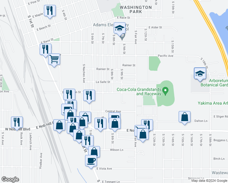 map of restaurants, bars, coffee shops, grocery stores, and more near 1113 South 8th Street in Yakima