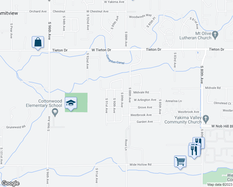 map of restaurants, bars, coffee shops, grocery stores, and more near 913 South 90th Avenue in Yakima