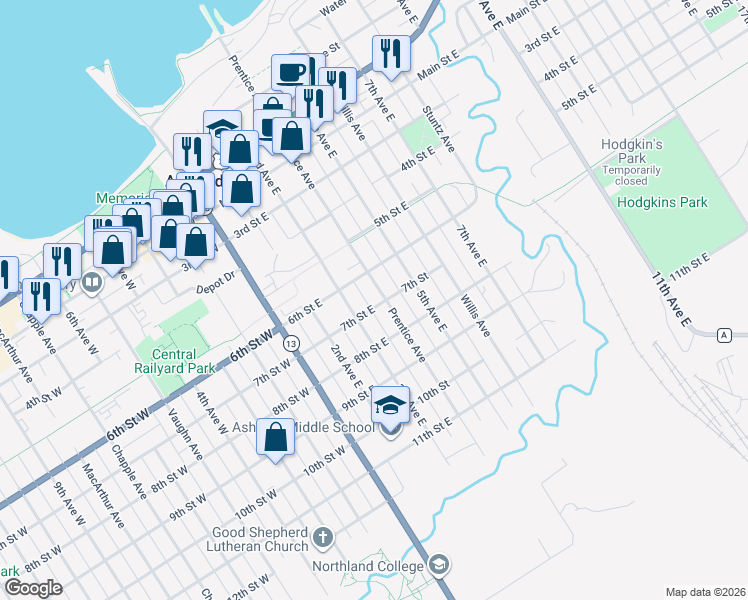 map of restaurants, bars, coffee shops, grocery stores, and more near 310 7th Street West in Ashland
