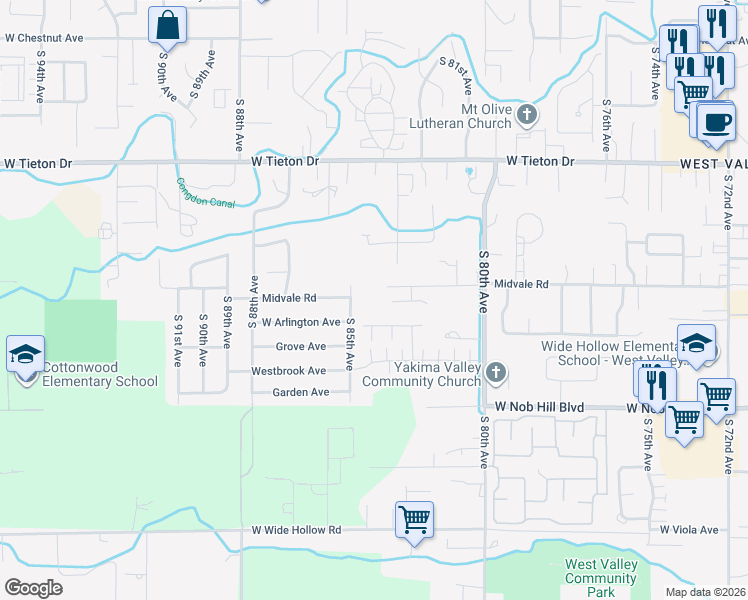 map of restaurants, bars, coffee shops, grocery stores, and more near 8306 Midvale Road in Yakima