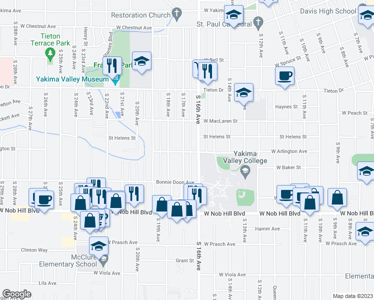 map of restaurants, bars, coffee shops, grocery stores, and more near 811 South 17th Avenue in Yakima