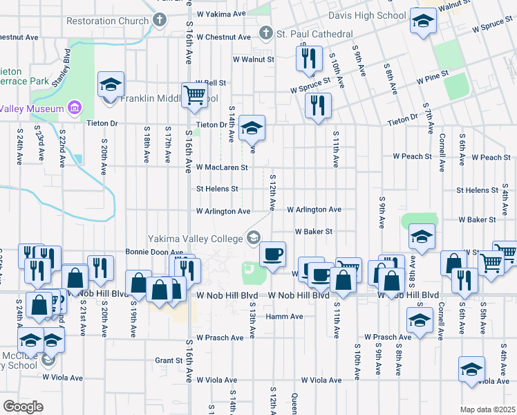 map of restaurants, bars, coffee shops, grocery stores, and more near 1209 West Arlington Street in Yakima