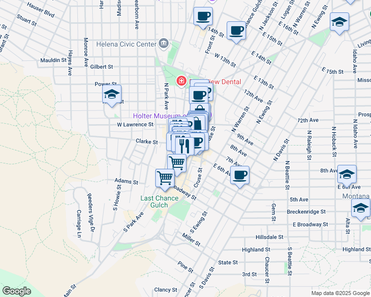 map of restaurants, bars, coffee shops, grocery stores, and more near 299 North Last Chance Gulch in Helena