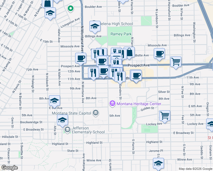 map of restaurants, bars, coffee shops, grocery stores, and more near 1337 9th Avenue in Helena