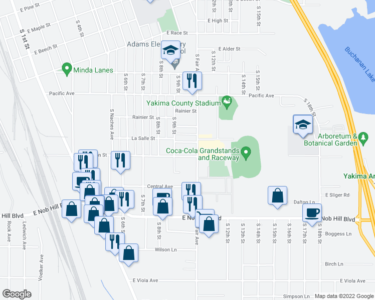 map of restaurants, bars, coffee shops, grocery stores, and more near 909 East Arlington Street in Yakima