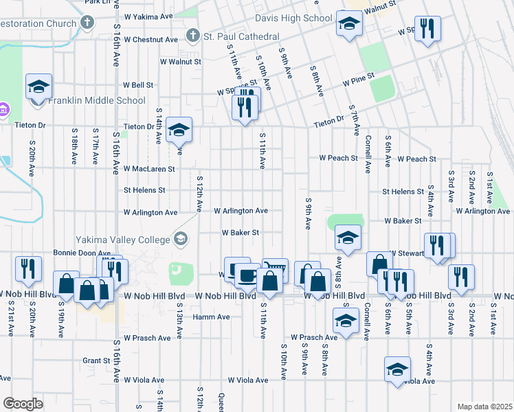 map of restaurants, bars, coffee shops, grocery stores, and more near 905 Pleasant Avenue in Yakima