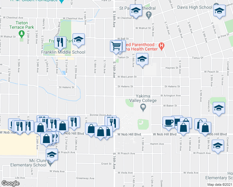 map of restaurants, bars, coffee shops, grocery stores, and more near 811 South 16th Avenue in Yakima