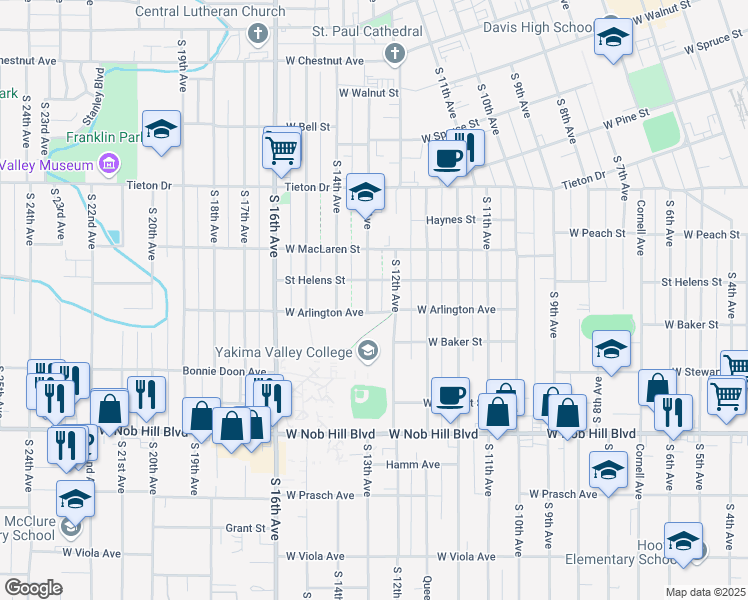 map of restaurants, bars, coffee shops, grocery stores, and more near 1209 West Arlington Street in Yakima