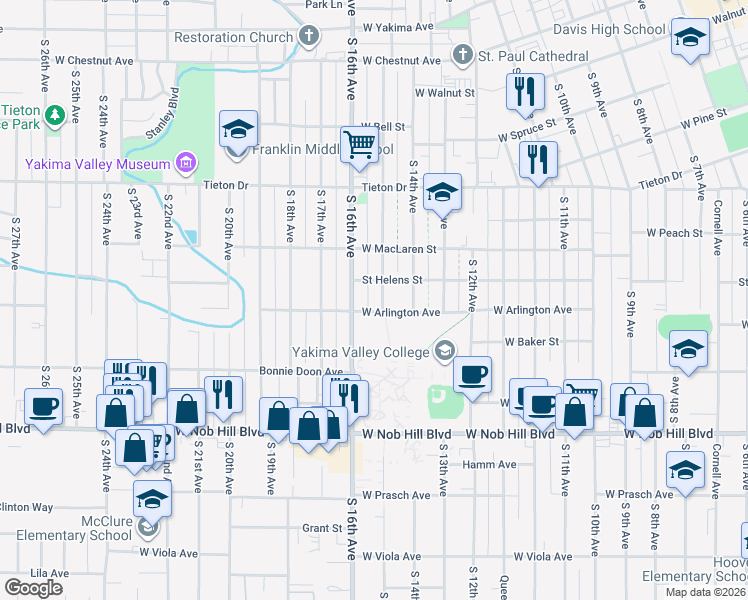 map of restaurants, bars, coffee shops, grocery stores, and more near 811 South 16th Avenue in Yakima