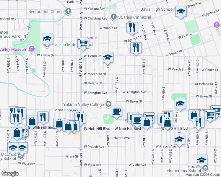 map of restaurants, bars, coffee shops, grocery stores, and more near 1209 West Arlington Street in Yakima