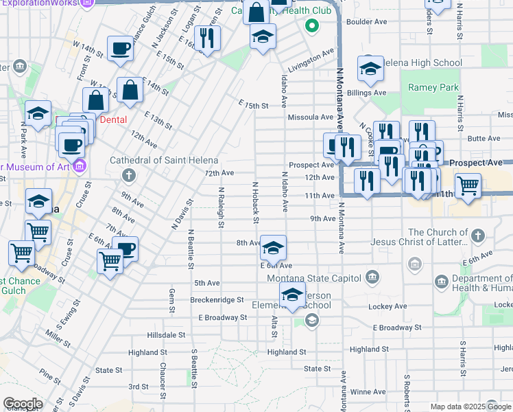 map of restaurants, bars, coffee shops, grocery stores, and more near North Hoback Street in Helena