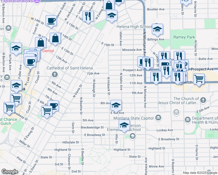 map of restaurants, bars, coffee shops, grocery stores, and more near North Hoback Street in Helena