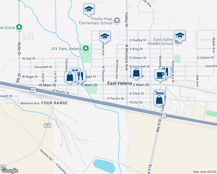 map of restaurants, bars, coffee shops, grocery stores, and more near 219 East Riggs Street in East Helena
