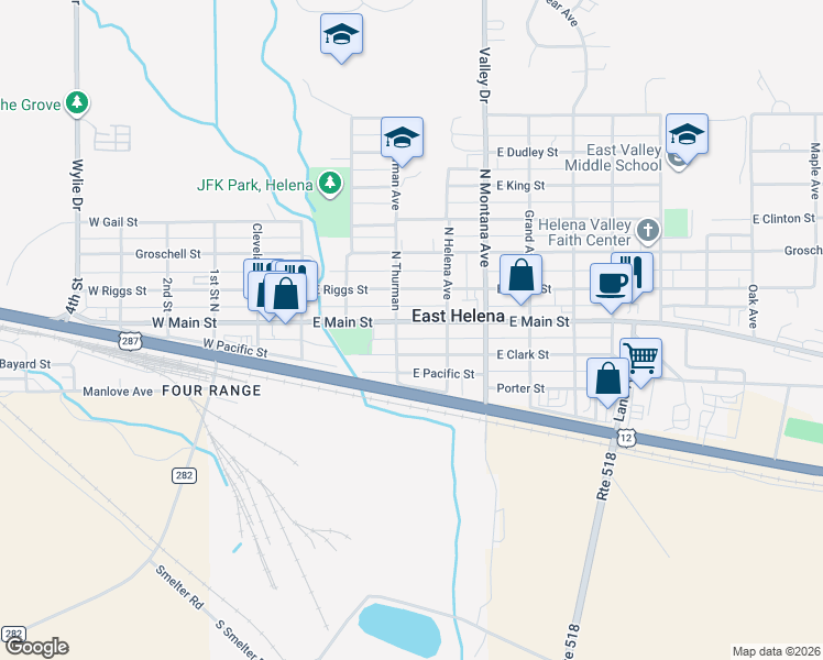 map of restaurants, bars, coffee shops, grocery stores, and more near 209 East Main Street in East Helena