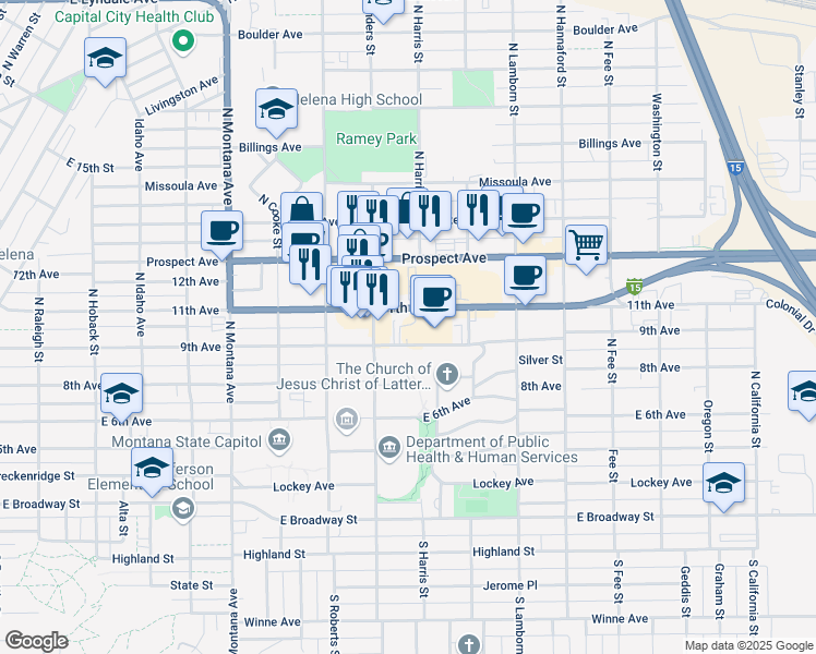 map of restaurants, bars, coffee shops, grocery stores, and more near 1539 11th Avenue in Helena