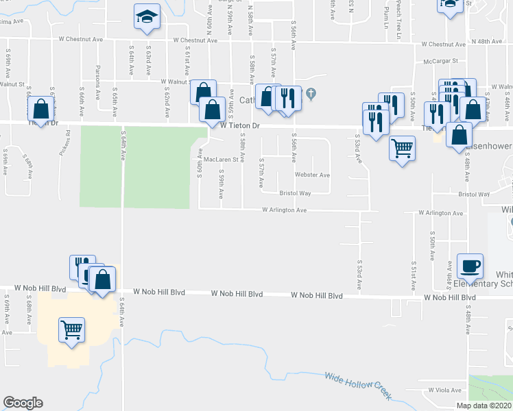 map of restaurants, bars, coffee shops, grocery stores, and more near 5703 West Arlington Street in Yakima