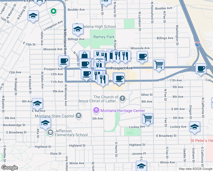 map of restaurants, bars, coffee shops, grocery stores, and more near 521 North Sanders Street in Helena