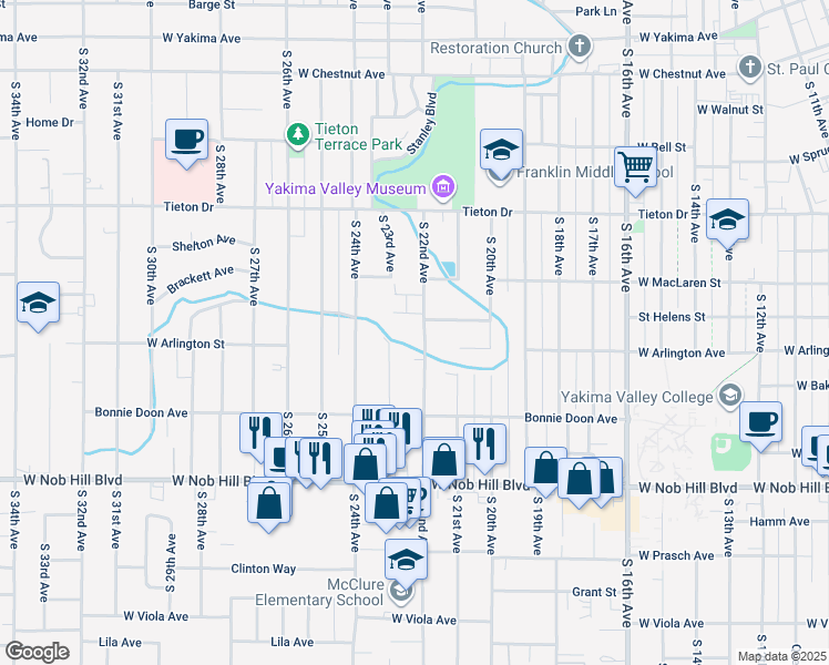 map of restaurants, bars, coffee shops, grocery stores, and more near 804 South 22nd Avenue in Yakima