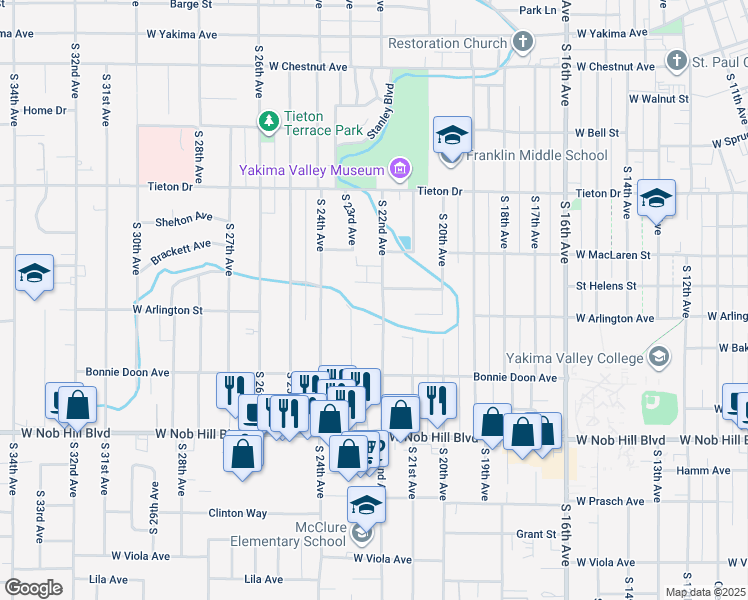 map of restaurants, bars, coffee shops, grocery stores, and more near 804 South 22nd Avenue in Yakima