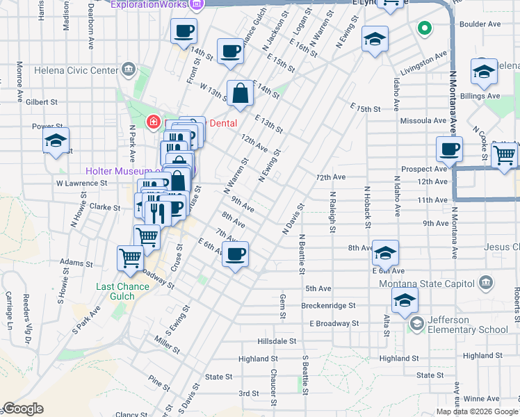 map of restaurants, bars, coffee shops, grocery stores, and more near 515 North Ewing Street in Helena