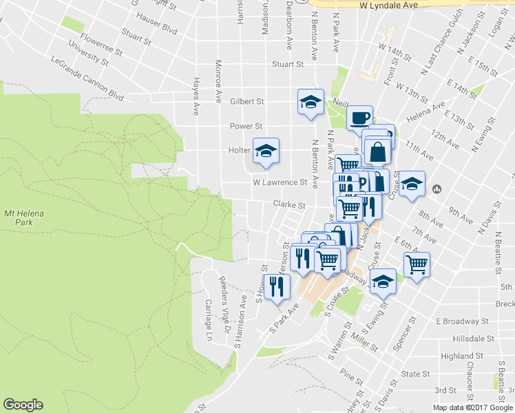 map of restaurants, bars, coffee shops, grocery stores, and more near 433 Clarke Street in Helena