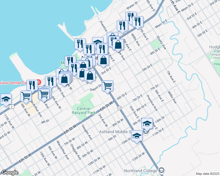 map of restaurants, bars, coffee shops, grocery stores, and more near 420 Ellis Avenue South in Ashland
