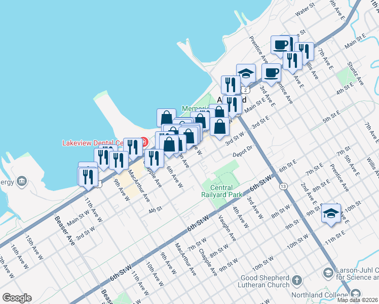 map of restaurants, bars, coffee shops, grocery stores, and more near 410 Main Street West in Ashland