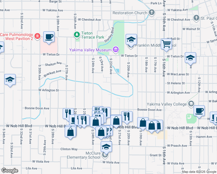 map of restaurants, bars, coffee shops, grocery stores, and more near 710 South 22nd Avenue in Yakima