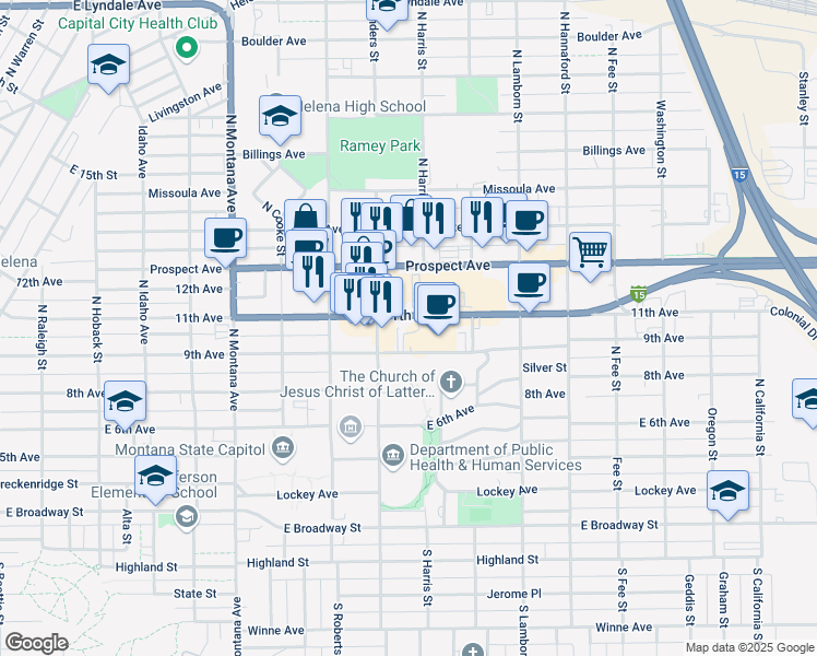 map of restaurants, bars, coffee shops, grocery stores, and more near 1539 11th Avenue in Helena
