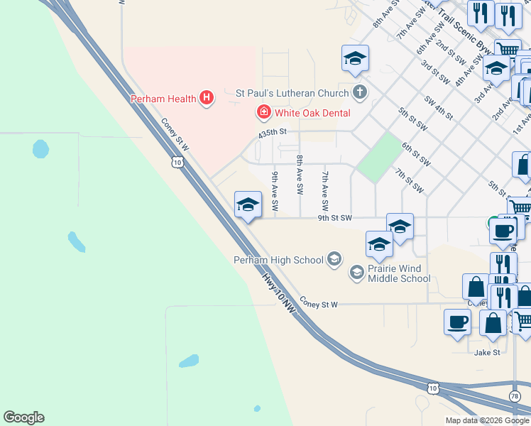 map of restaurants, bars, coffee shops, grocery stores, and more near 821 9th Avenue Southwest in Perham