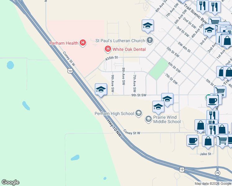map of restaurants, bars, coffee shops, grocery stores, and more near 821 9th Avenue Southwest in Perham