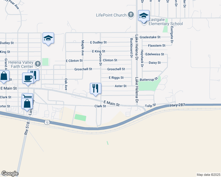 map of restaurants, bars, coffee shops, grocery stores, and more near 3740 Aster Street in East Helena