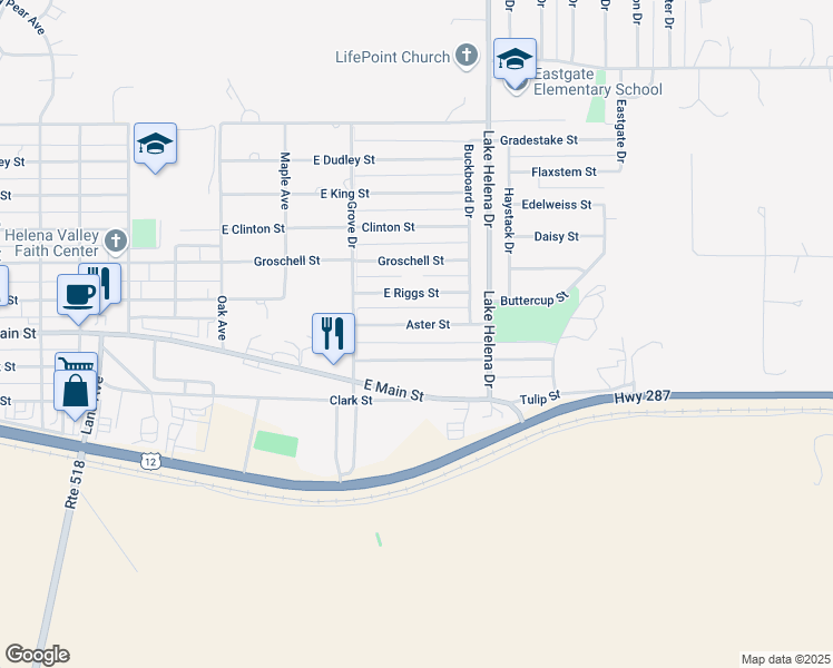 map of restaurants, bars, coffee shops, grocery stores, and more near 3740 Aster Street in East Helena
