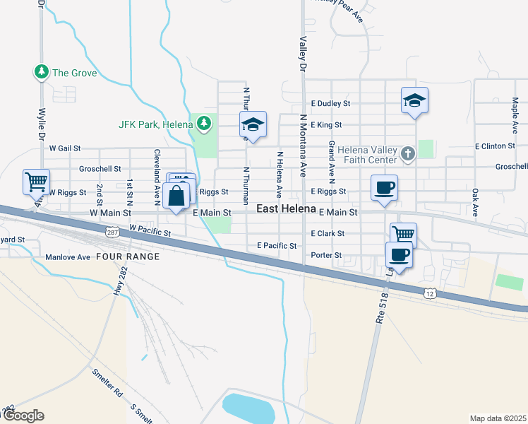 map of restaurants, bars, coffee shops, grocery stores, and more near 219 East Riggs Street in East Helena