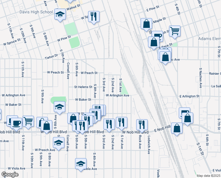map of restaurants, bars, coffee shops, grocery stores, and more near 714 South 2nd Avenue in Yakima