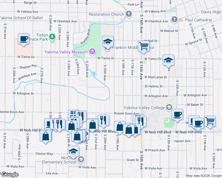 map of restaurants, bars, coffee shops, grocery stores, and more near 715 South 20th Avenue in Yakima