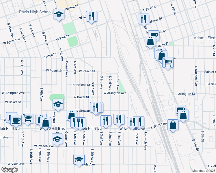 map of restaurants, bars, coffee shops, grocery stores, and more near 714 South 2nd Avenue in Yakima