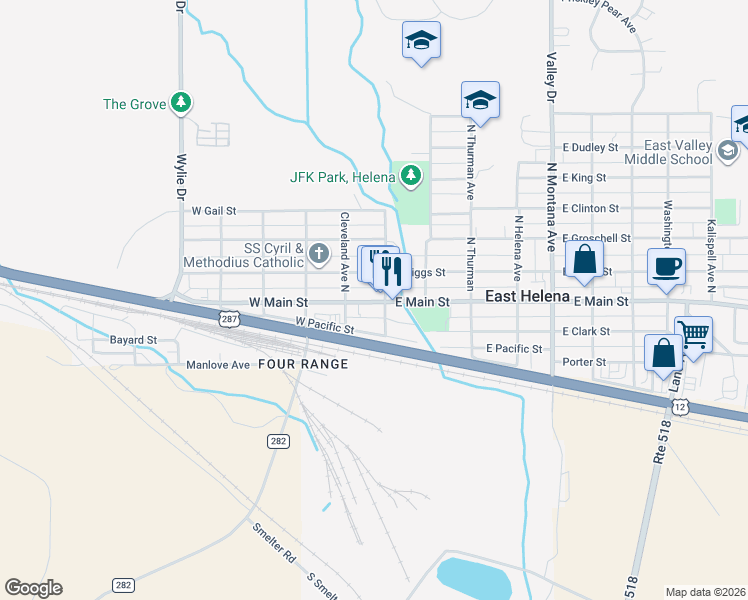 map of restaurants, bars, coffee shops, grocery stores, and more near 6 West Main Street in East Helena