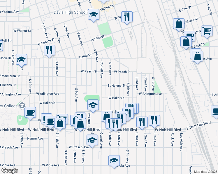map of restaurants, bars, coffee shops, grocery stores, and more near 715 South 6th Avenue in Yakima
