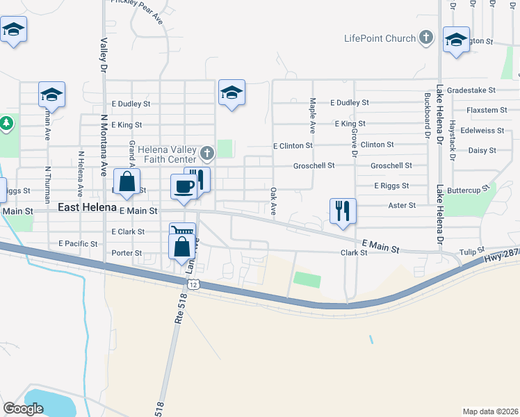 map of restaurants, bars, coffee shops, grocery stores, and more near 10 Oak Avenue in East Helena