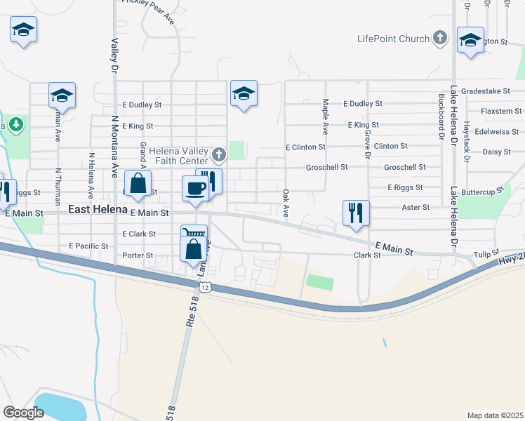 map of restaurants, bars, coffee shops, grocery stores, and more near 809 East Riggs Street in East Helena