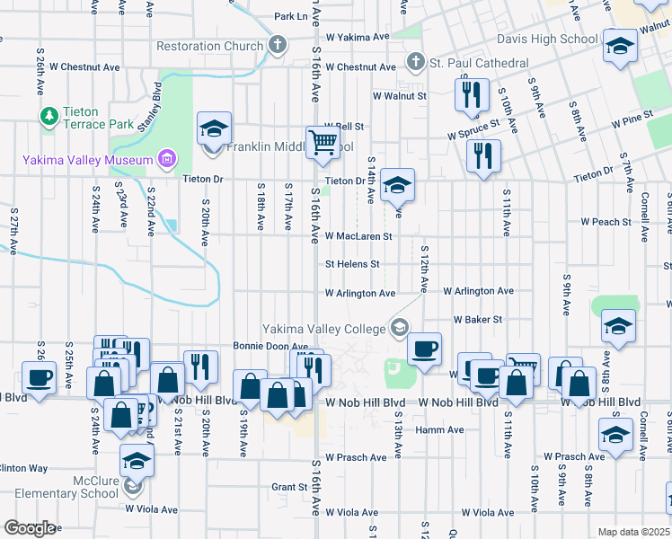 map of restaurants, bars, coffee shops, grocery stores, and more near 710 S 15th Ave in Yakima