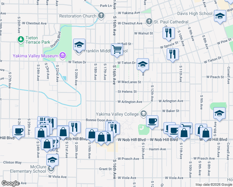 map of restaurants, bars, coffee shops, grocery stores, and more near 710 S 15th Ave in Yakima