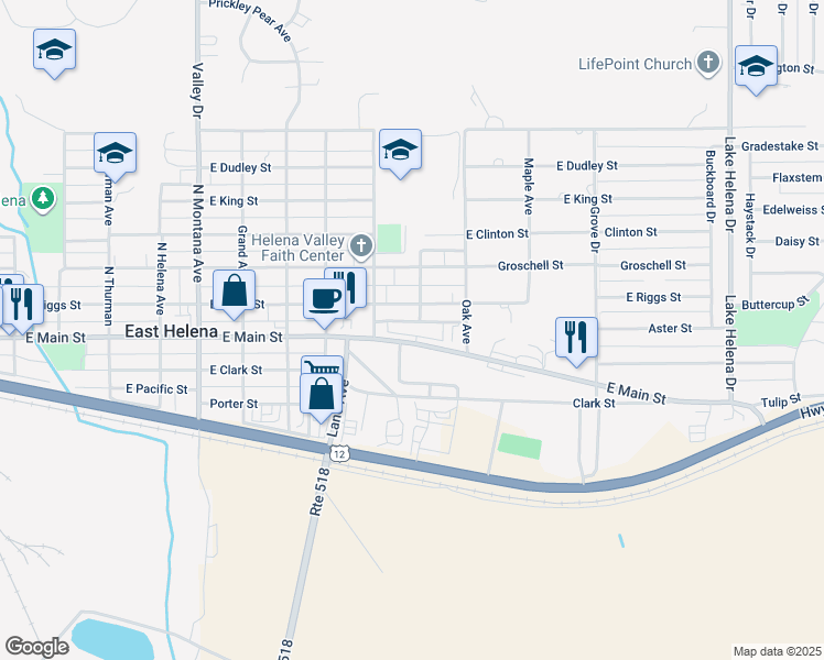 map of restaurants, bars, coffee shops, grocery stores, and more near 809 East Riggs Street in East Helena