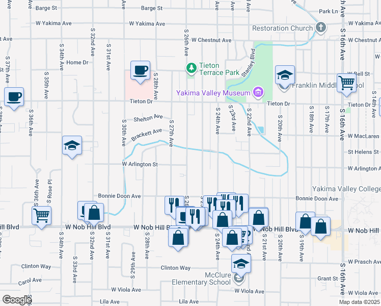 map of restaurants, bars, coffee shops, grocery stores, and more near 803 South 26th Avenue in Yakima