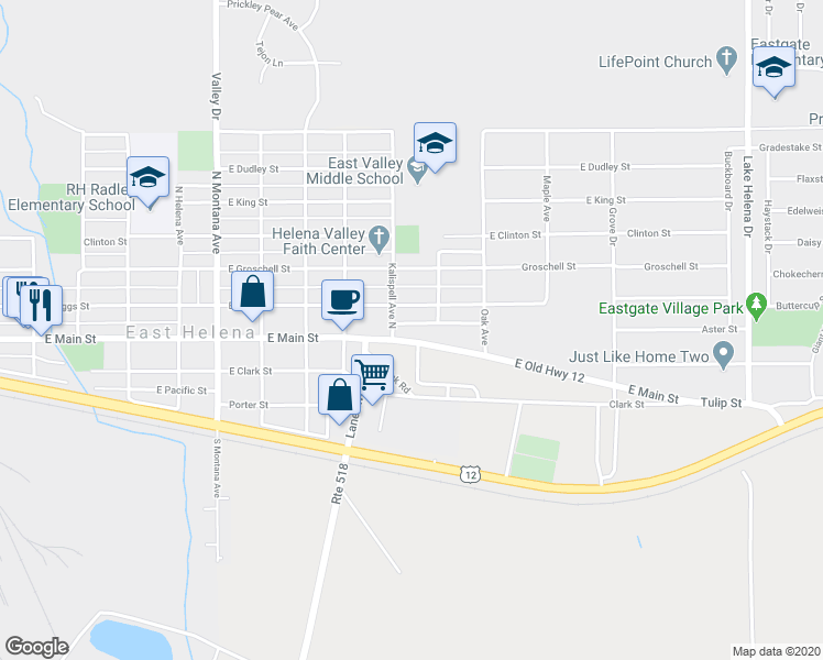 map of restaurants, bars, coffee shops, grocery stores, and more near 802 East Main Street in East Helena