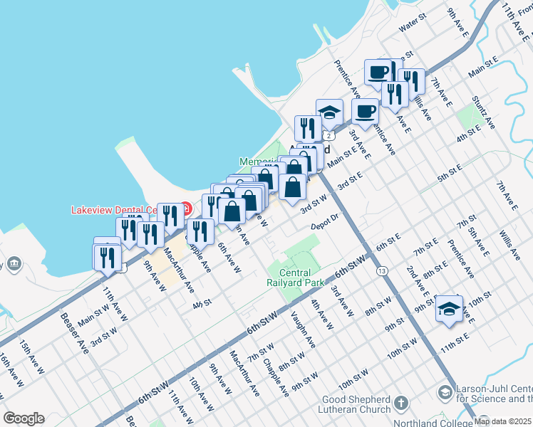 map of restaurants, bars, coffee shops, grocery stores, and more near 316 Main Street West in Ashland