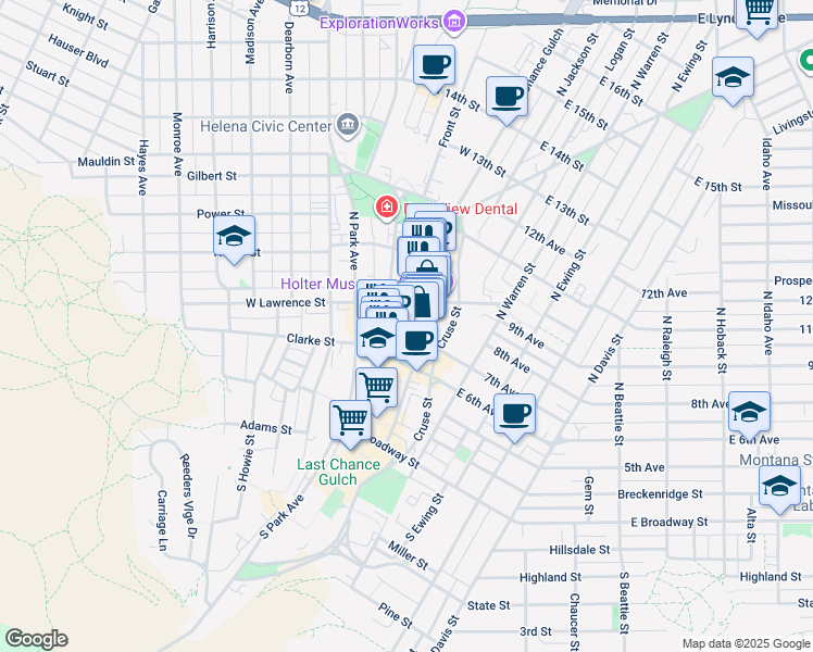 map of restaurants, bars, coffee shops, grocery stores, and more near 340 North Last Chance Gulch in Helena